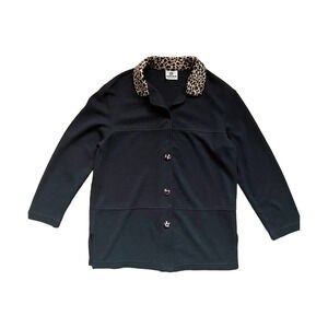 Vintage 80s Womens Knit Cardigan Black Cheetah Print Collar Mob Wife Punk Goth